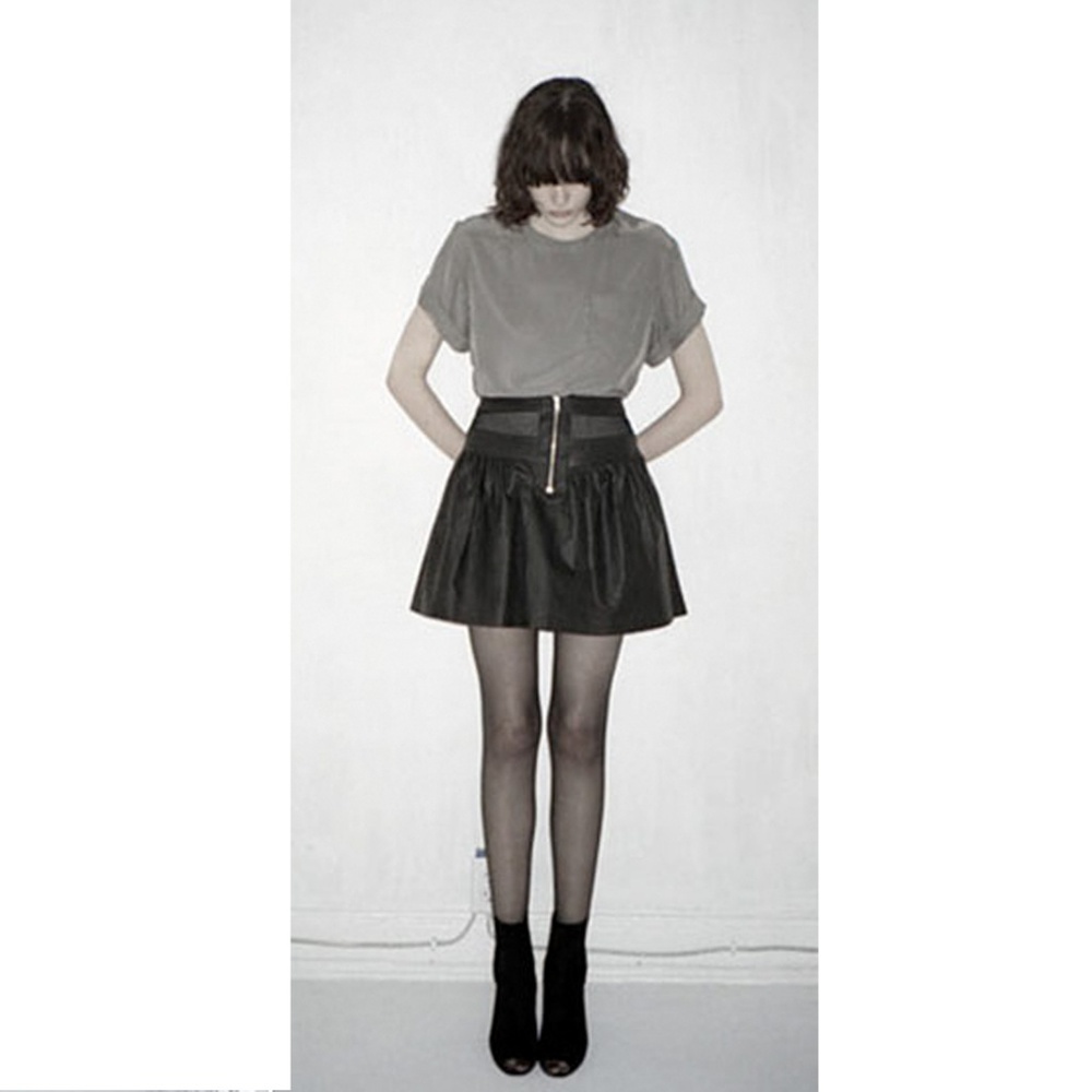 NOMIA Black Coated Linen Mesh Inset A-Line Skater Skirt with Exposed Zipper